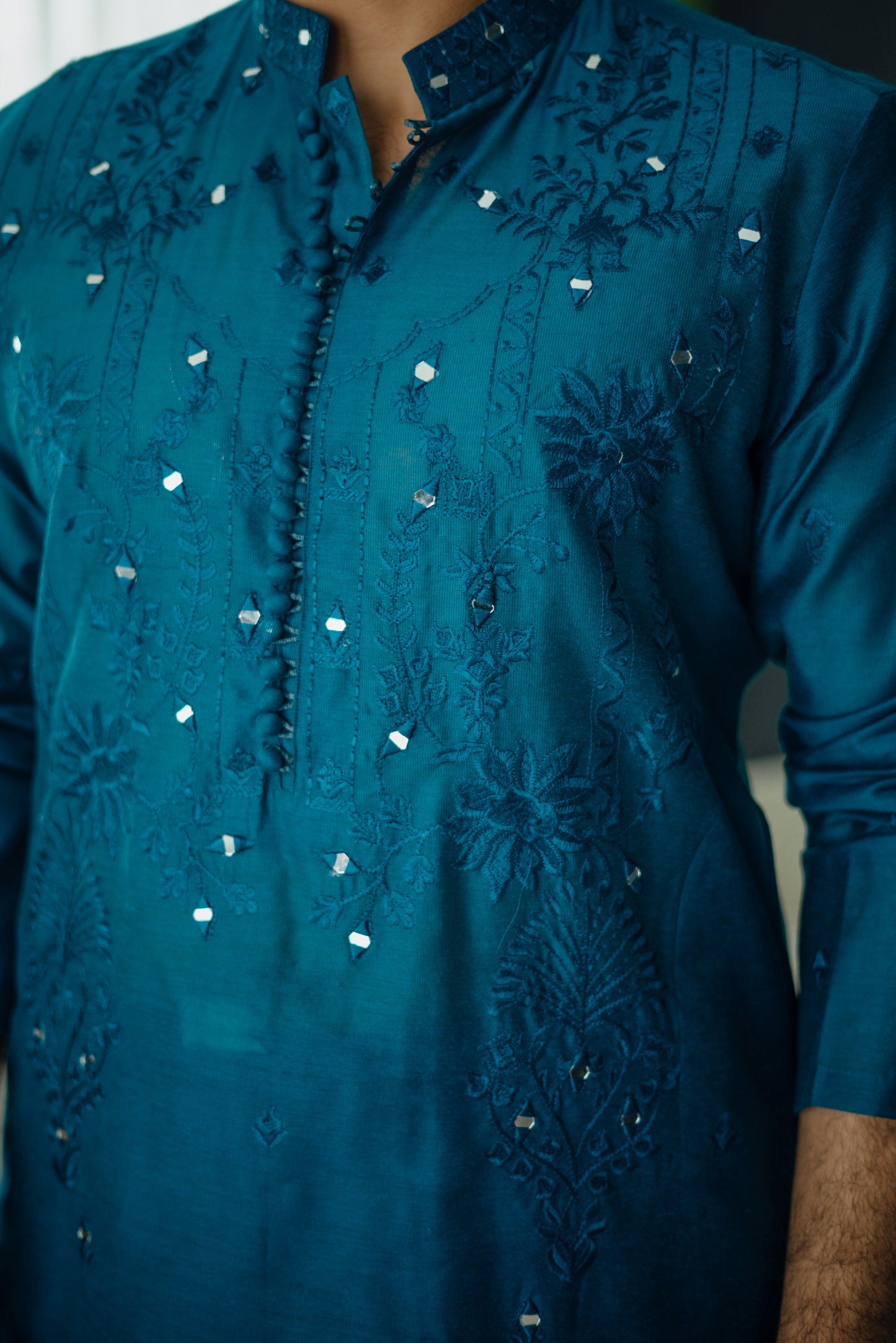 Teal Blue Mirror Embossed Kurta Shalwar