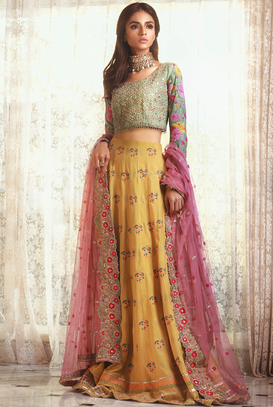 Machine Embroidered Choli With A Block Printed Lengha