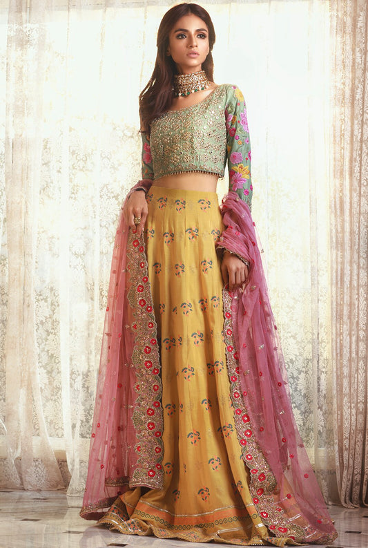 Machine Embroidered Choli With A Block Printed Lengha